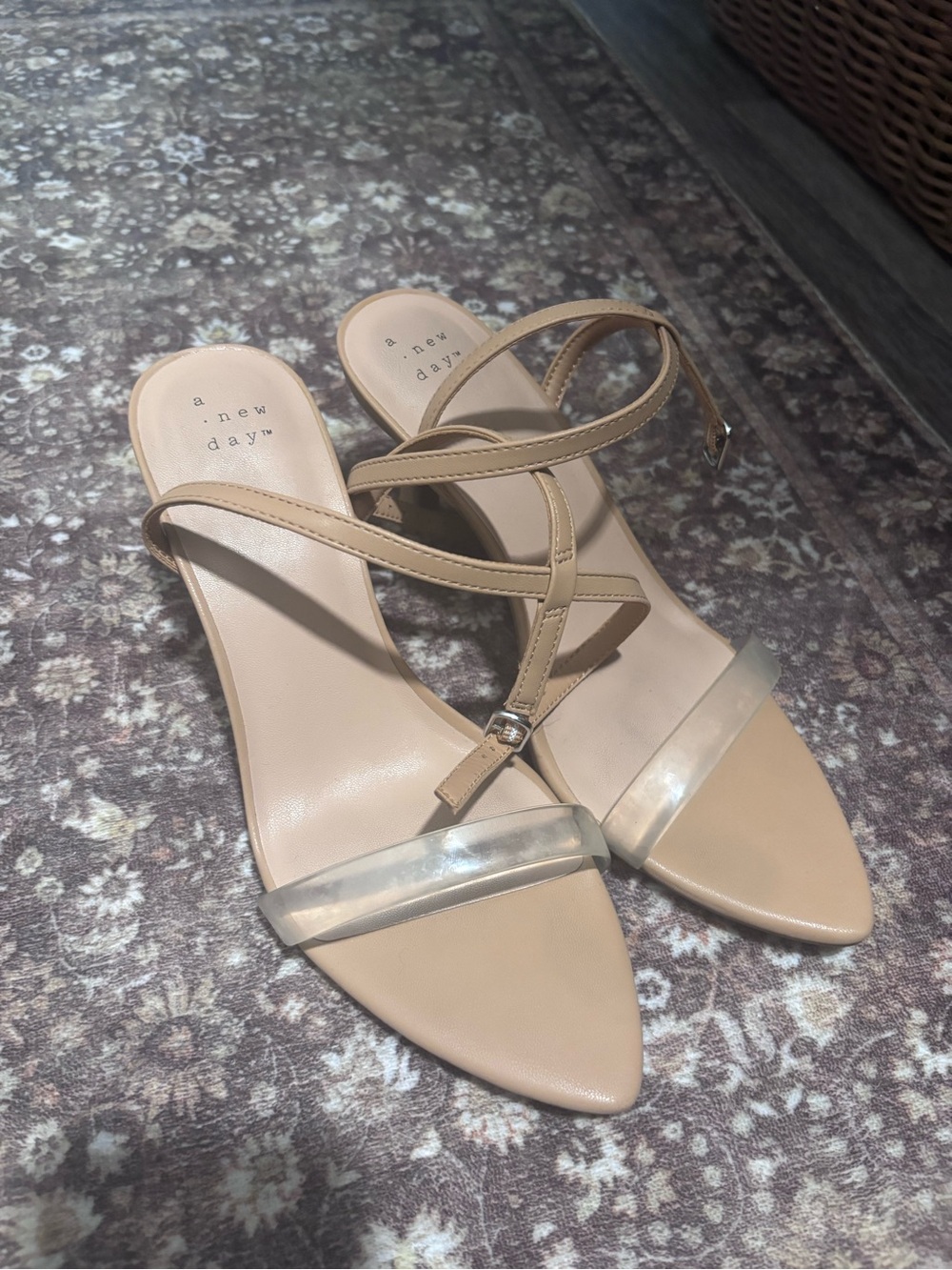 A New Day Beige-nude Clear-Strap Pointed Slide Heels